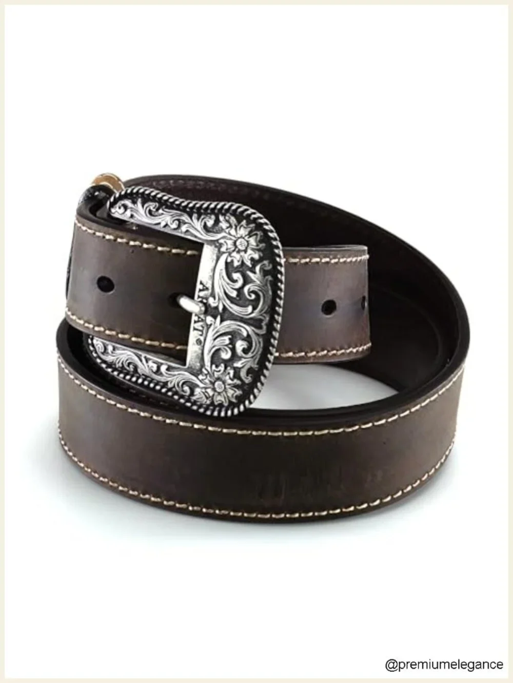 Genuine Leather Western Belt with Heavy Stitching Silver-Tone Buckle